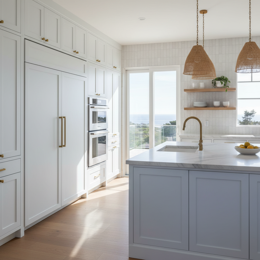 Bright upscale kitchen with integrated refrigerator and wall oven