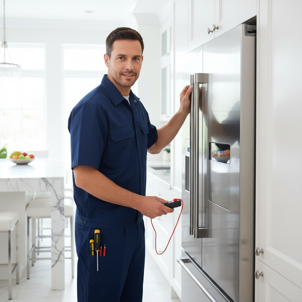 Professional appliance repair technician inspecting a built-in refrigerator